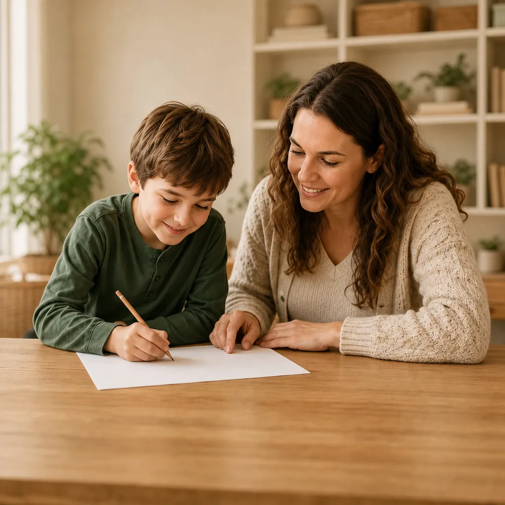 A parent and child smiling as they write together at the kitchen table.